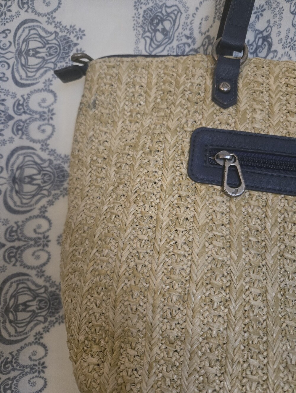 Sakroots Navy Floral Woven Straw Raffia Tote Bag w/ Matching Wristlet Boho Purse - Picture 9 of 15